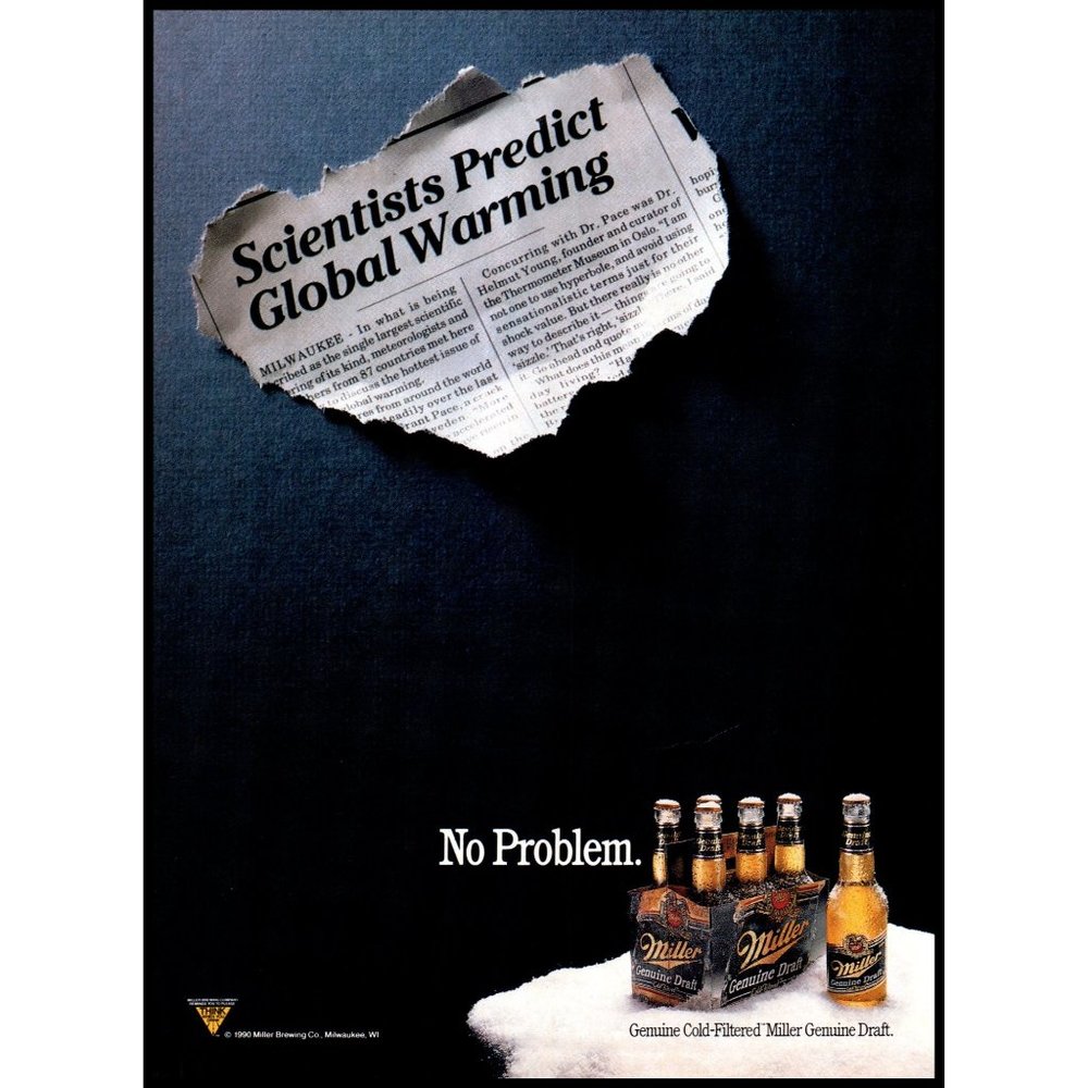 1991 Miller Genuine Draft Beer MGD 6 Pack Vintage Print Ad Global Warming Art